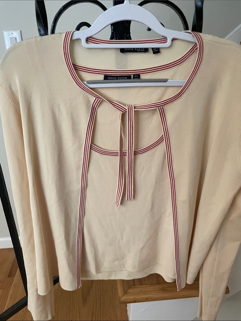 Anne Klein Cream Knit Tie-Neck Top with Red Stripe Trim